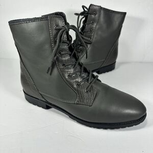 Sporto Women's Grey Leather Lace-Up Combat Boots Sz 9.5 M Faux Snakeskin Trim